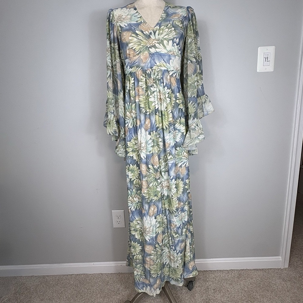 Vtg Angel Sleeve Boho Dress 70s Floral Maxi Blue Hippie Fairy Gown Empire Waist
